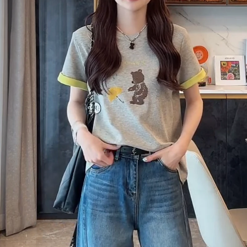 撞色小熊~2025春夏新款百搭撞色圆领T恤上衣LK2502041