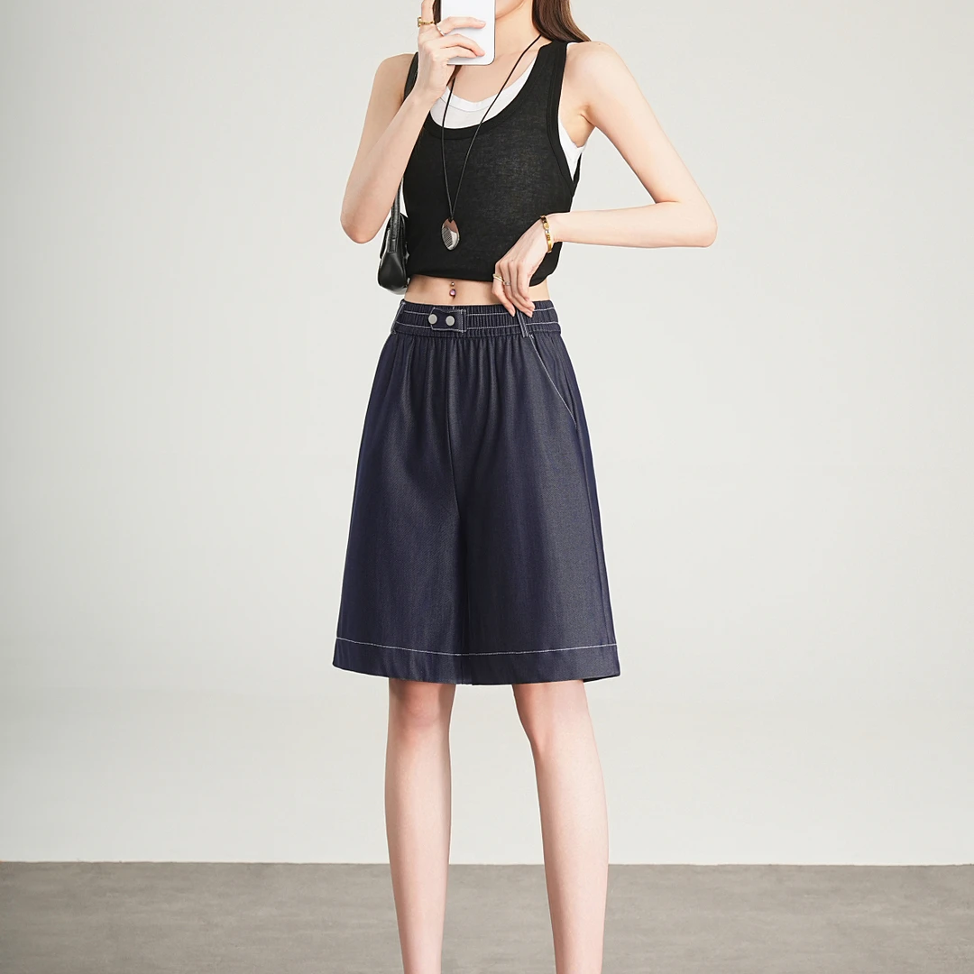 莱赛尔冰丝牛仔短裤夏季薄款深蓝色直筒五分阔腿裤6618