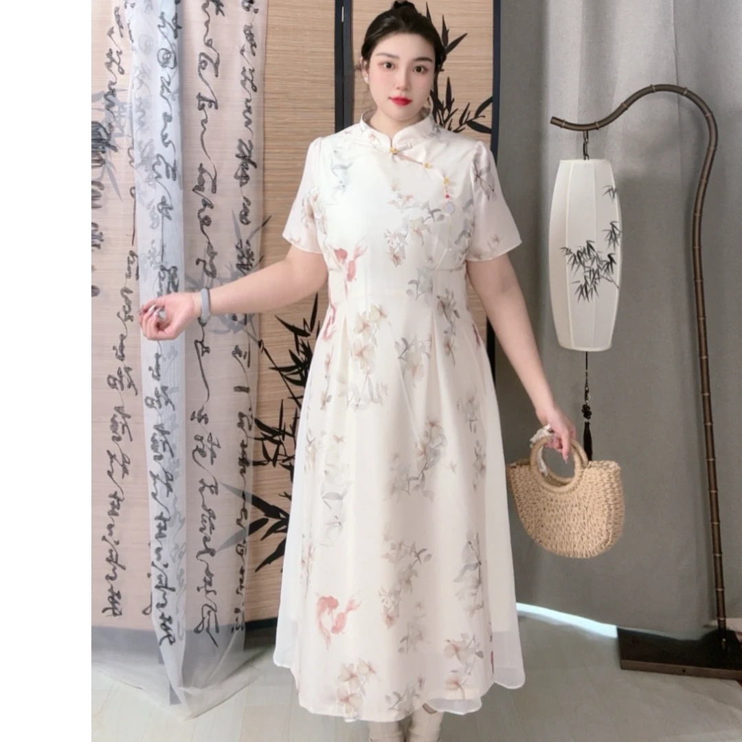 51117夏季新款胖MM锦鲤印花旗袍设计感大码连衣裙