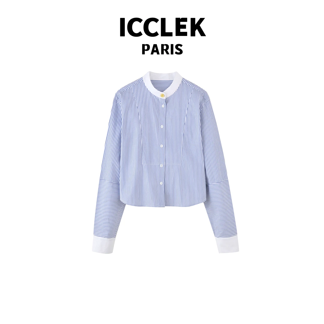 ICCLEK 圆领撞色条纹长袖衬衫 气质-3302