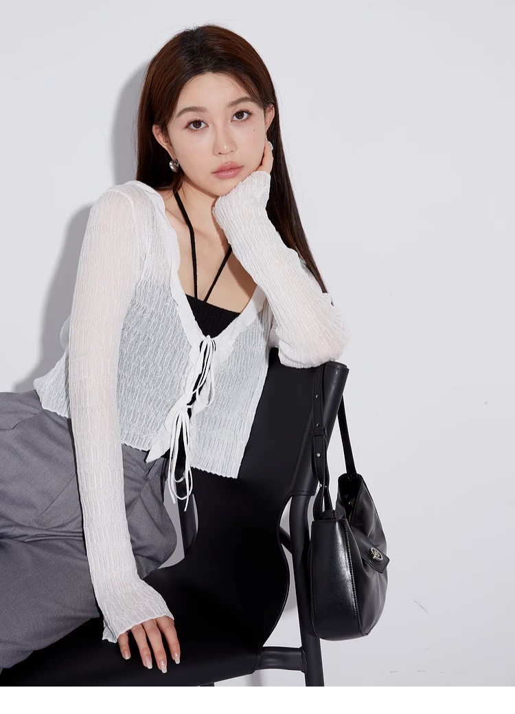 【FaFa】日系品牌 S 春夏 简约百搭微透 系带短款针织开衫FA502-077