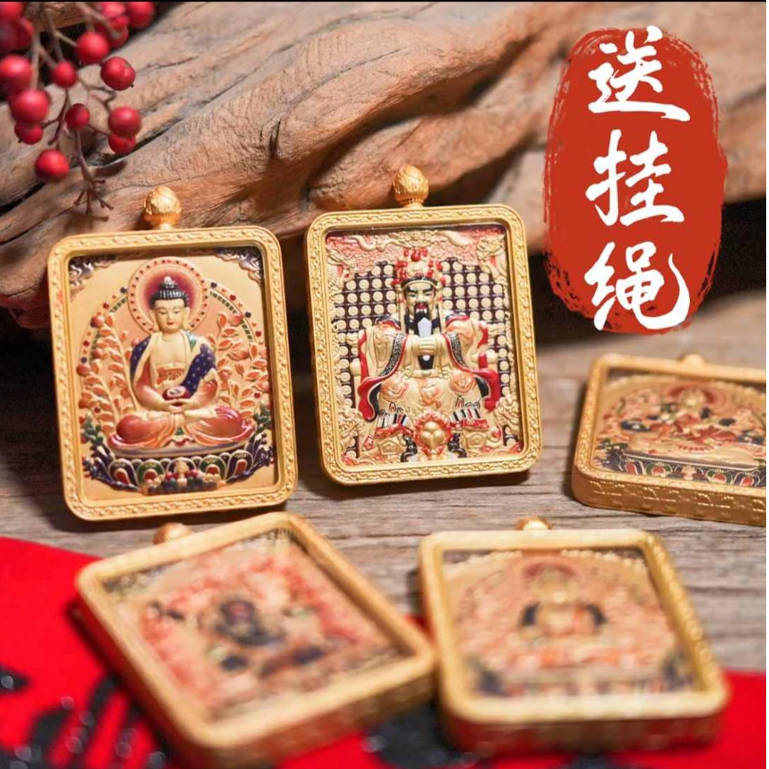 铜合金吊坠 五台山五爷双面唐卡立体雕刻金色国风项链吊坠.手工