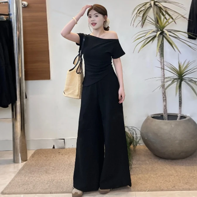 【朵拉】大码套装辣妹夏短袖不规则一字肩上衣高腰显瘦阔腿裤两件套