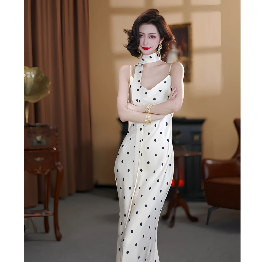 【大晶定制】“波点女郎”新款无袖波点飘带优雅连衣裙-DJ10152
