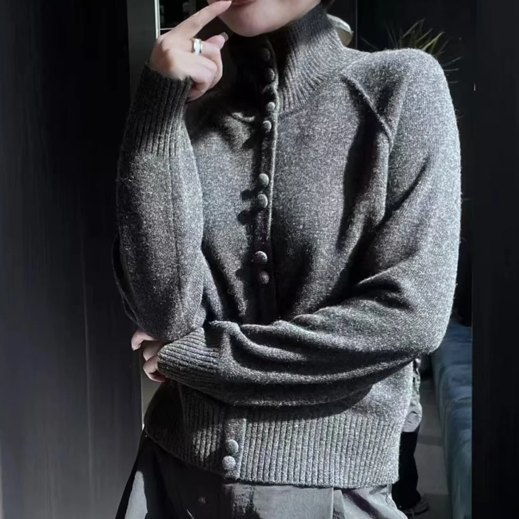 羊毛衫女100%纯羊毛高品质包扣气质女人加厚秋冬针织羊毛衫女