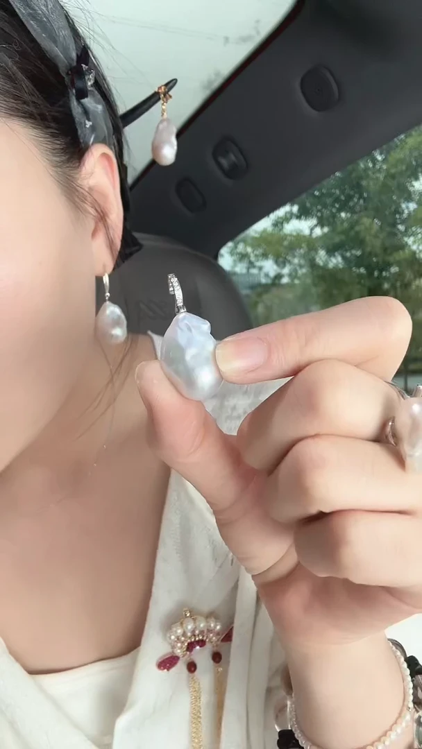 吊坠(不含链)银S925镶嵌淡水珍珠蓝雪银万能扣头巴洛克吊坠