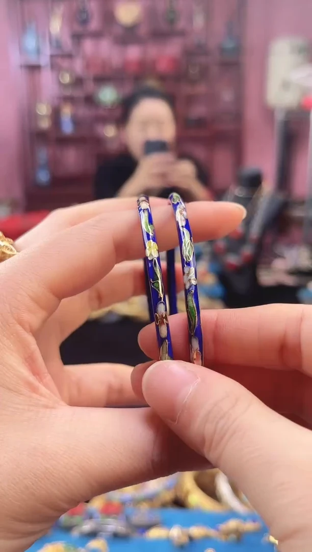 非遗 景泰蓝叮当镯 60-65 一对 宝蓝