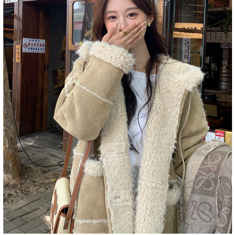{清货 运费补贴}2025新款宽松加厚仿羊羔毛绒大衣连帽--金扣