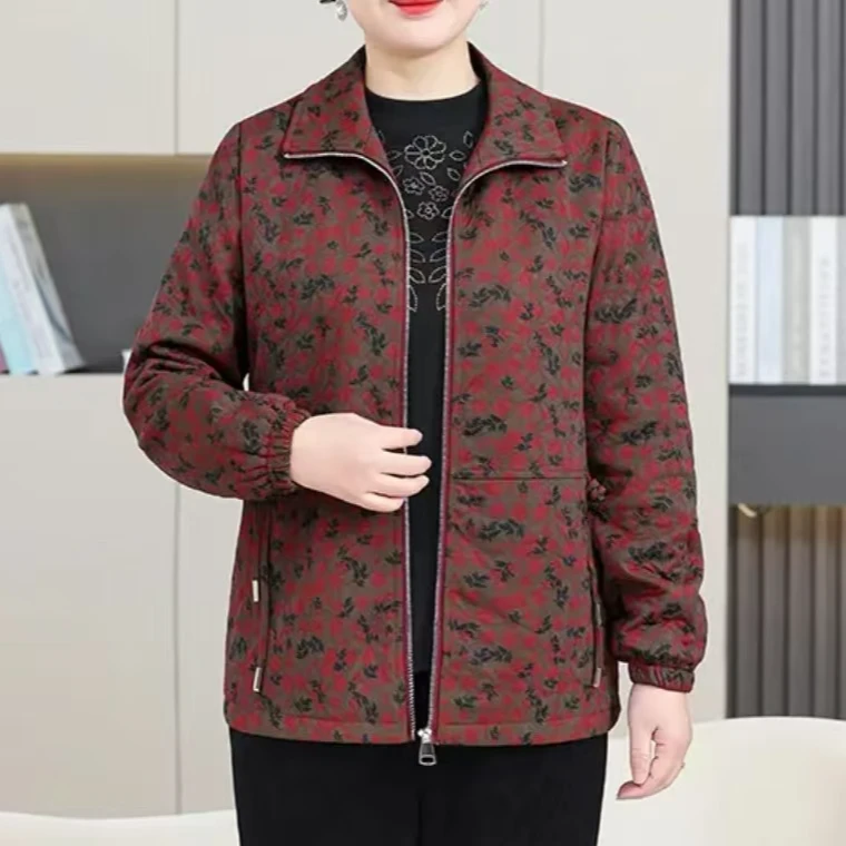 中老年妈妈装春秋新款碎花拉链翻领外套上衣