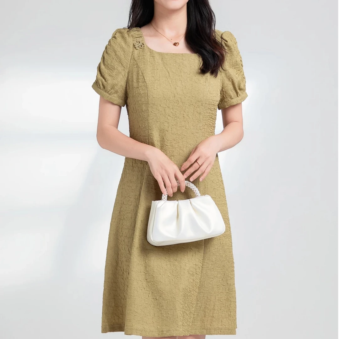 2025新款时尚方领泡泡袖连衣裙女收腰显瘦减龄中长款裙子 （1545）