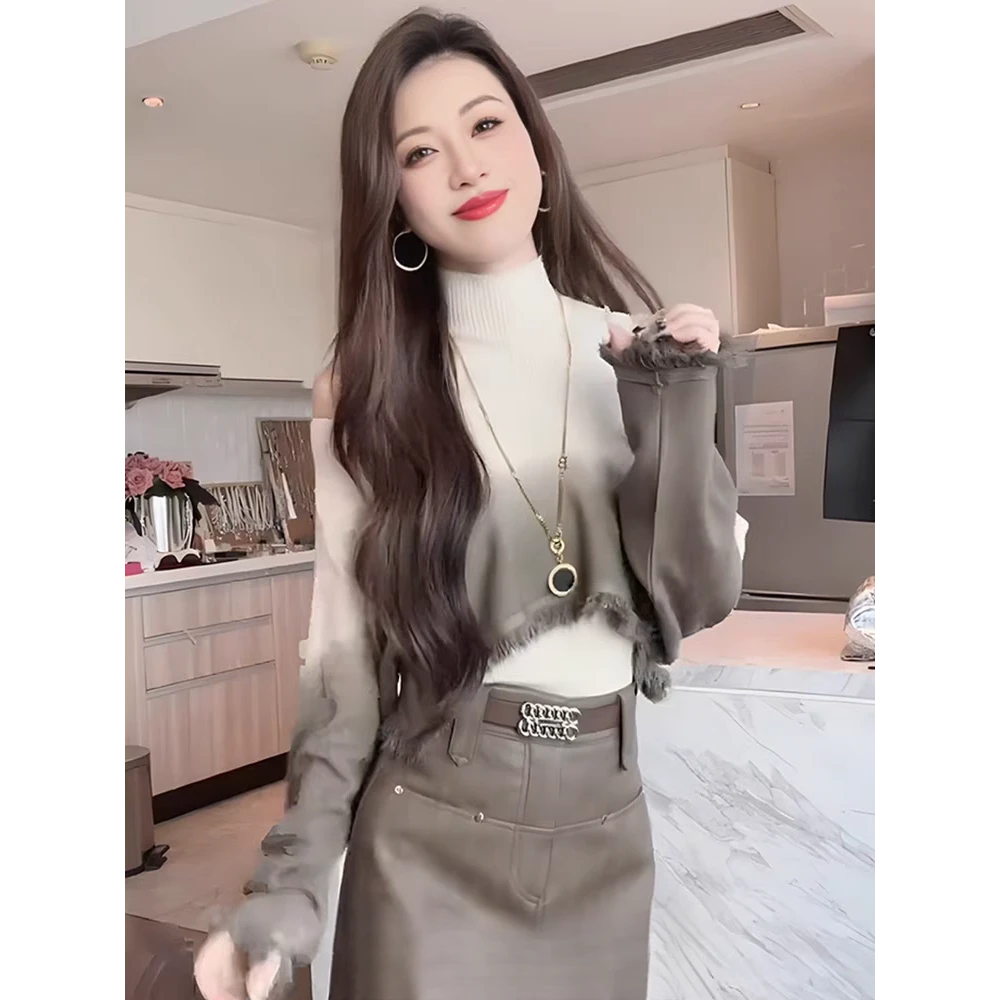 设计感流苏露肩斗篷毛衣两件套女秋季气质宽松显瘦叠穿针织衫上衣