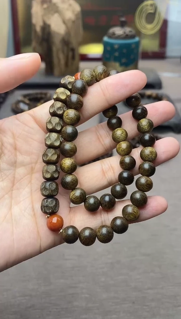 手串沉香芽庄黄棋08＋白棋锤纹珠 沉水双圈