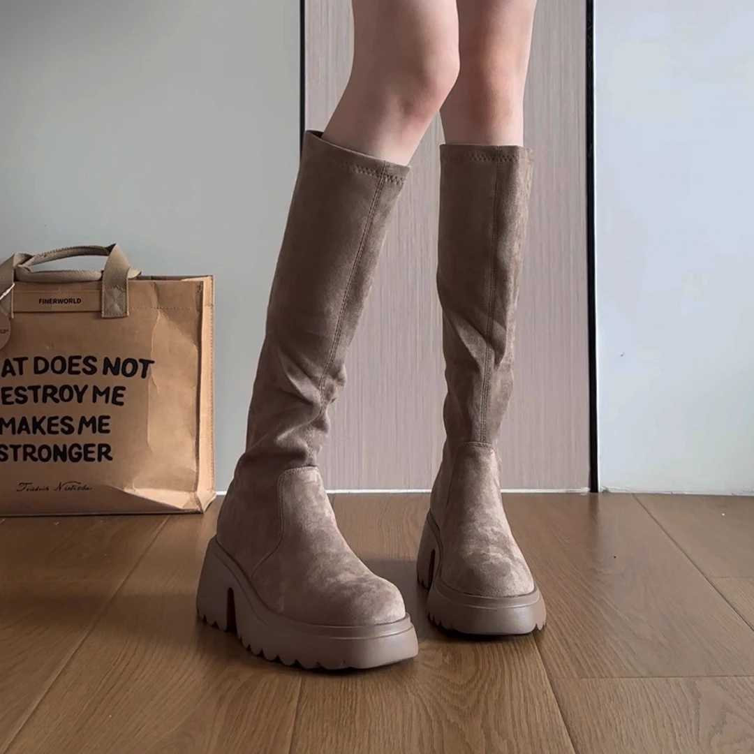 牛皮版~2025新款巨好看靴子美拉德小个子厚底长筒靴早秋弹力长靴