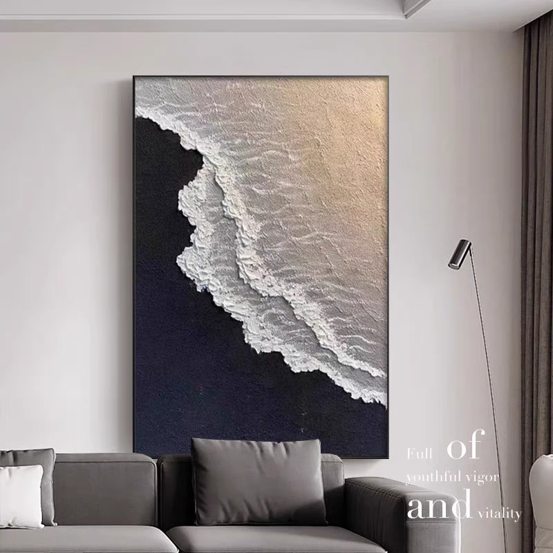 黑白极简玄关客厅装饰画高级感抽象厚肌理手绘油画现代风走廊