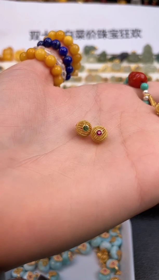 无925银金色镂空球两个装