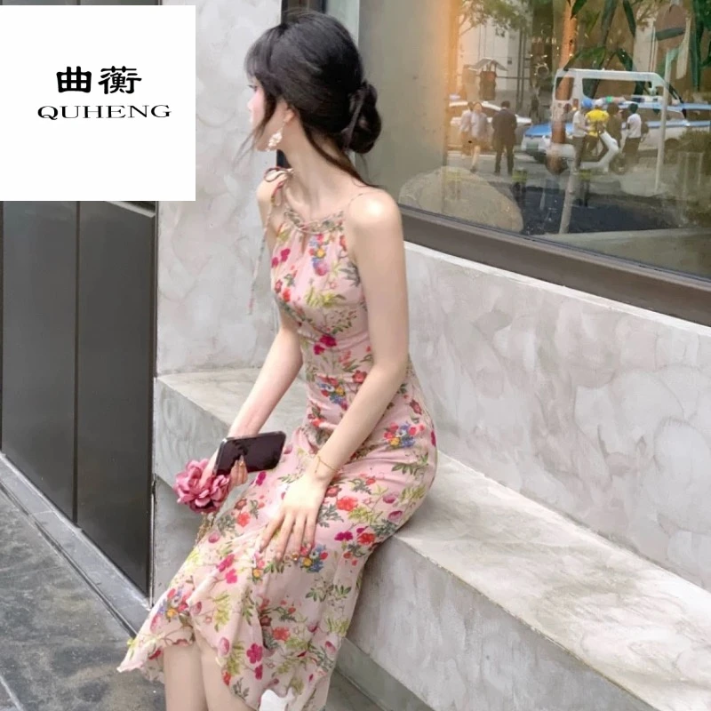 后妈裙碎花温柔时尚不规则浪漫少女风优雅仙女吊带度假法式沙滩裙