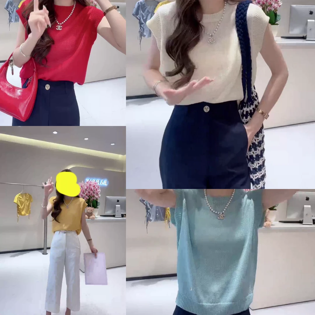 新款夏季纯色针织短袖百搭简约上衣透气显瘦