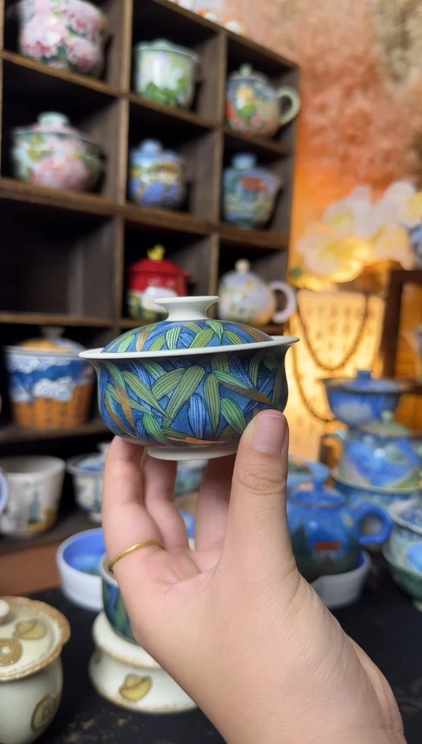 虎城竹子描金盖碗
