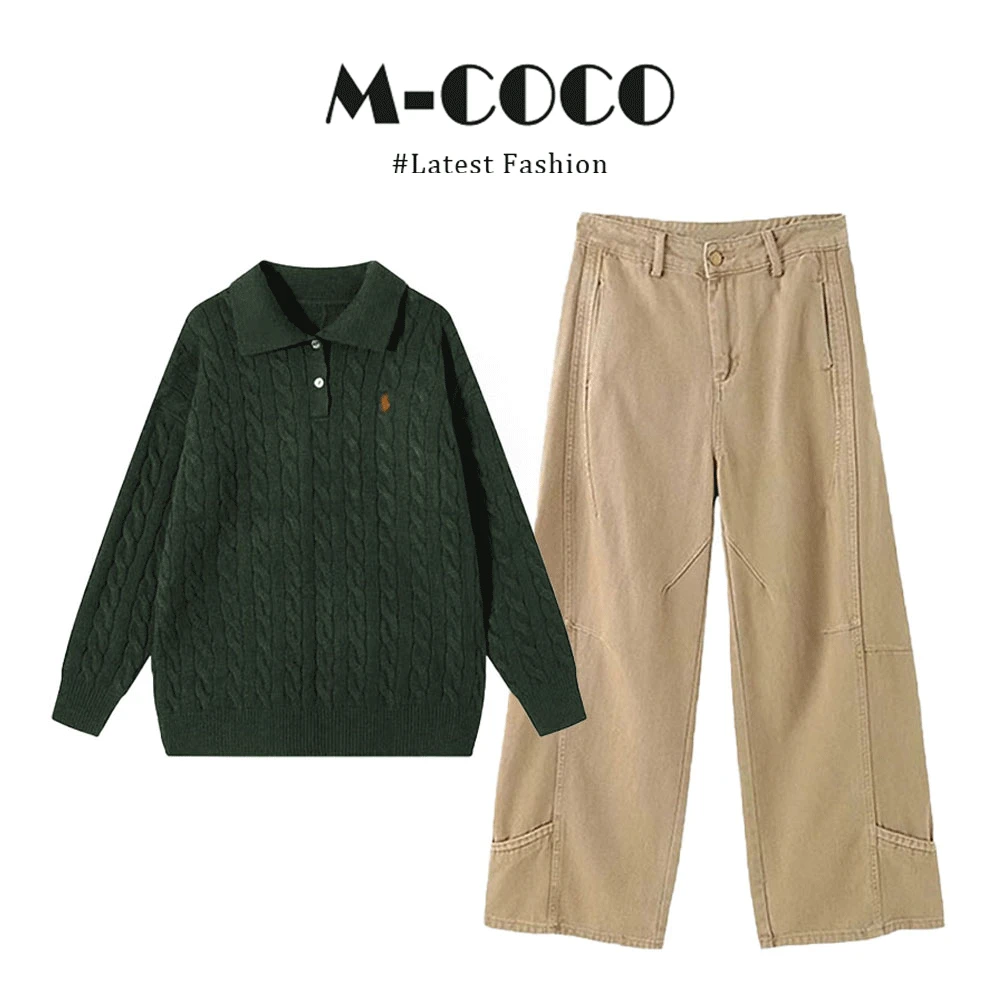 MARIE.COCO日系慵懒风Polo领绿色麻花针织衫毛衣上衣休闲裤套装