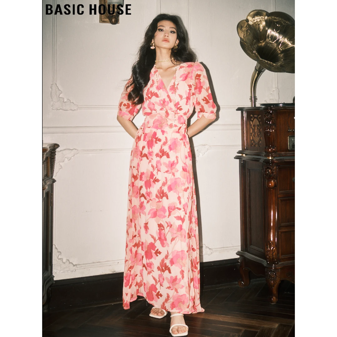 Basic House/百家好粉色碎花衬衫裙女2025夏季新款收腰短袖连衣裙