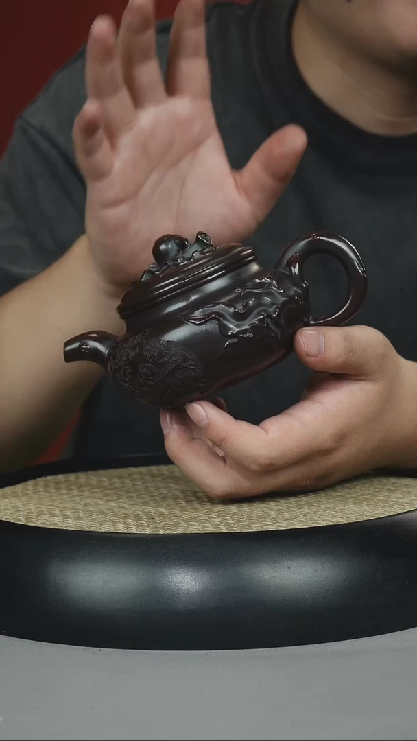 茶壶紫砂黑料石红 寿桃仿古