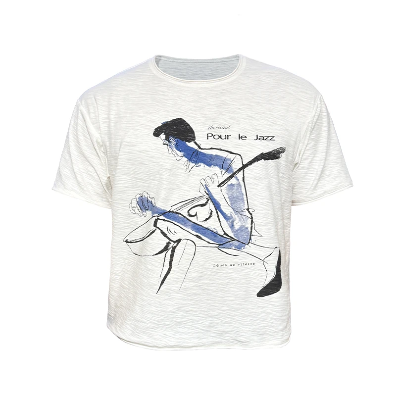 JCAESAR SOLO TEE独奏短袖 竹节肌理透气短款卷边 蓝色水渍染印花