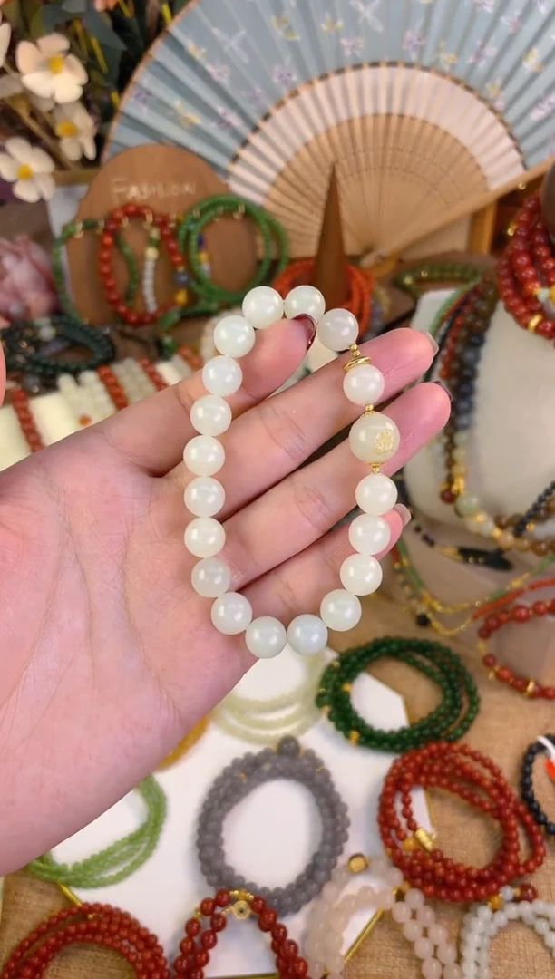 【闪购商品】和田玉手串18K金镶嵌白玉