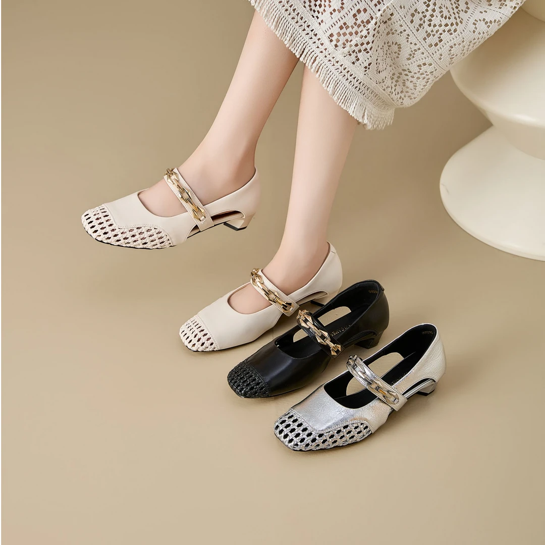 2025新款时尚百搭真皮低跟玛丽珍单鞋夏季法式小香风凉鞋50298XS