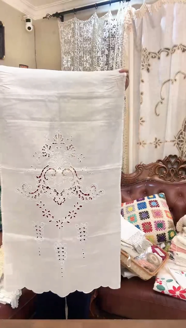 亚麻Z742白色亚麻60*130cm重工手绣花边盖巾门帘