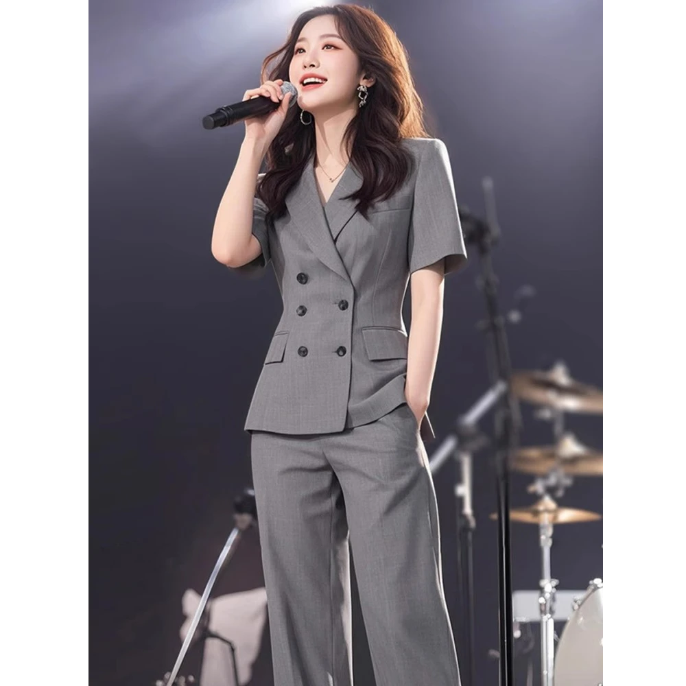 大码女装高级灰色薄款夏季西装套装胖mm遮肉显瘦西服直筒裤两件套