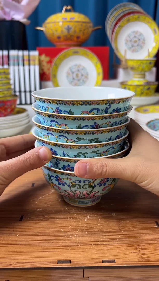 景德镇珐琅彩蓝色4,5寸米饭哇6个装