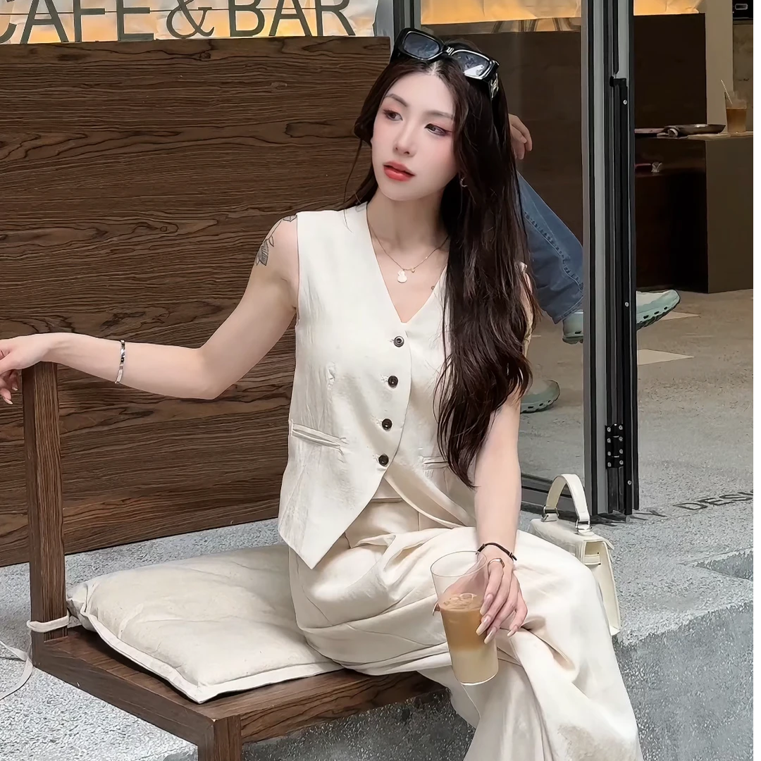 老钱风亚麻两件套女夏薄款气质马甲阔腿裤套装