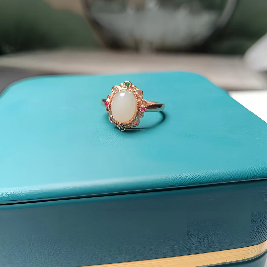 天然和田玉晴水色蛋面戒指小清新太阳花戒指HT000088001