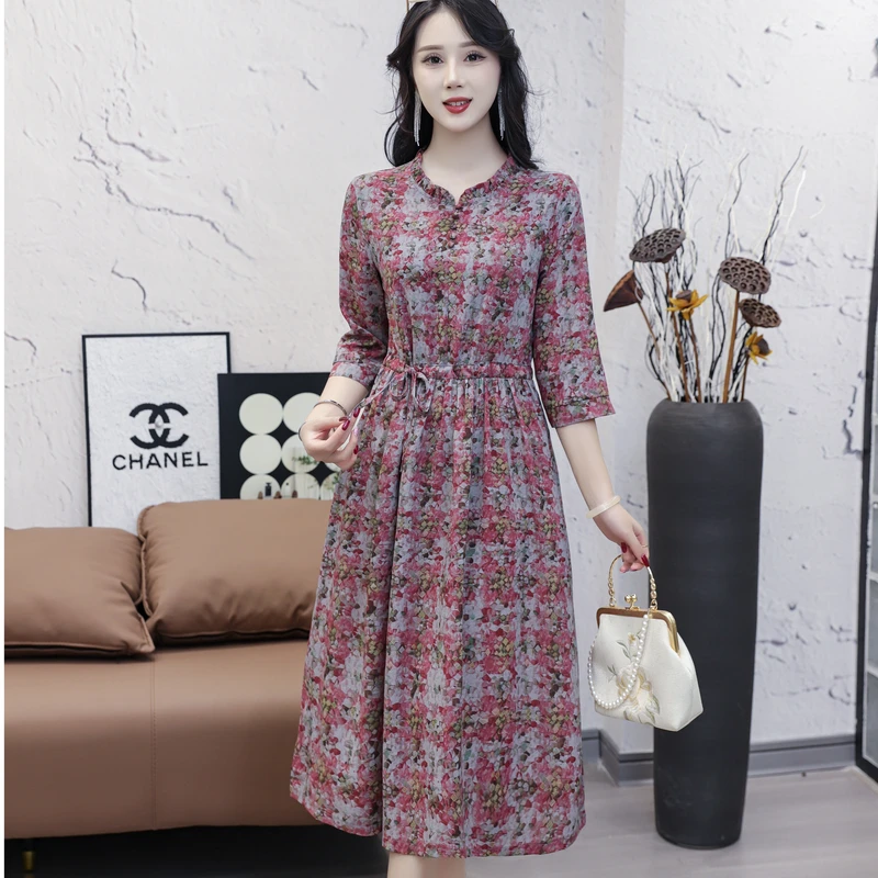 【竹影摇窗】新中式国风木耳领小碎花抽绳中长款连衣裙七分袖
