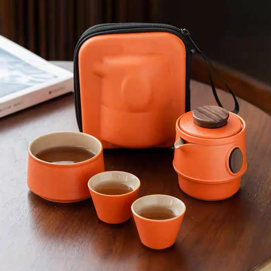 爱马仕橙知竹便携式旅行茶具套装快客杯户外功夫陶瓷A0010ay