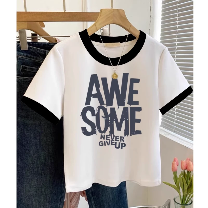 撞色短袖t恤女薄款夏季韩版潮宽松正肩圆领半袖女士体恤上衣显瘦