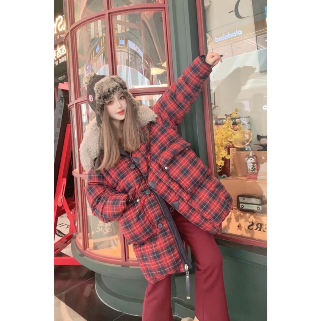2025冬季新款时尚休闲格子连帽厚外套5100