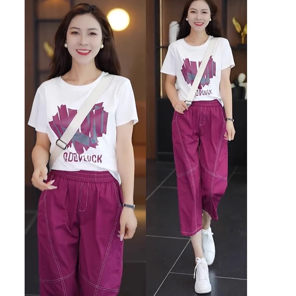 休闲运动服套装女士2025年夏季新款短袖宽松印花T恤+七分裤两件套