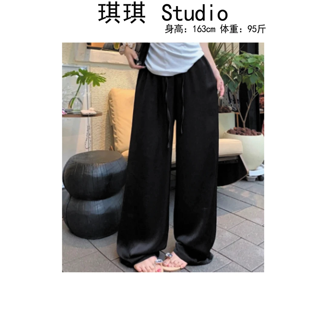 《琪琪家》夏季新款舒适轻奢高级感缎面松紧腰抽绳休闲裤88166-H