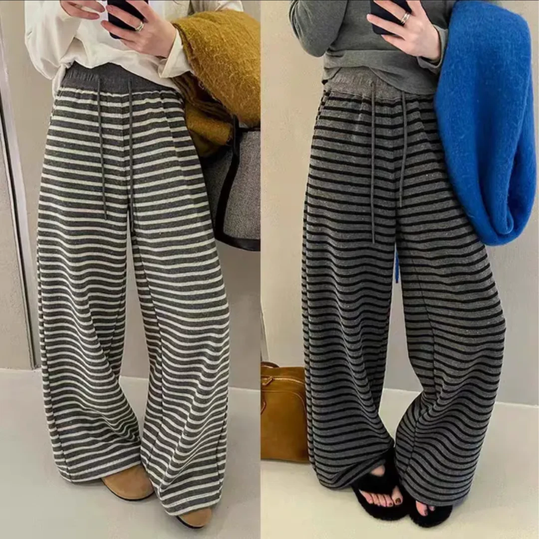 （运费费险）春秋慵懒风时尚百搭条纹阔腿裤女高腰宽松直筒休闲长裤