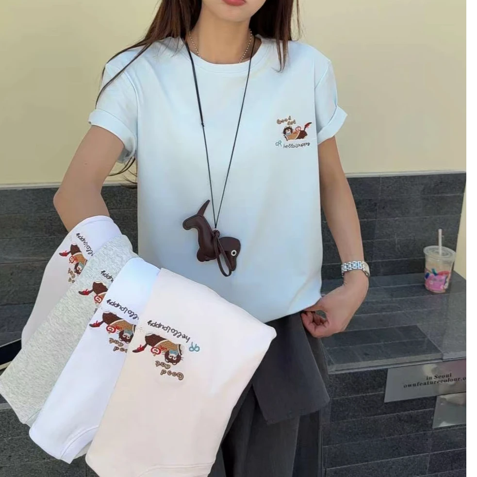 712 双面棉 小个子短款 侧边小猫刺绣 圆领 短袖 T恤