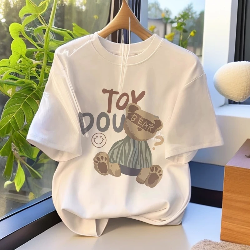 2025新款夏季白色正肩短袖女t恤纯棉卡通印花体恤小个子宽松上衣