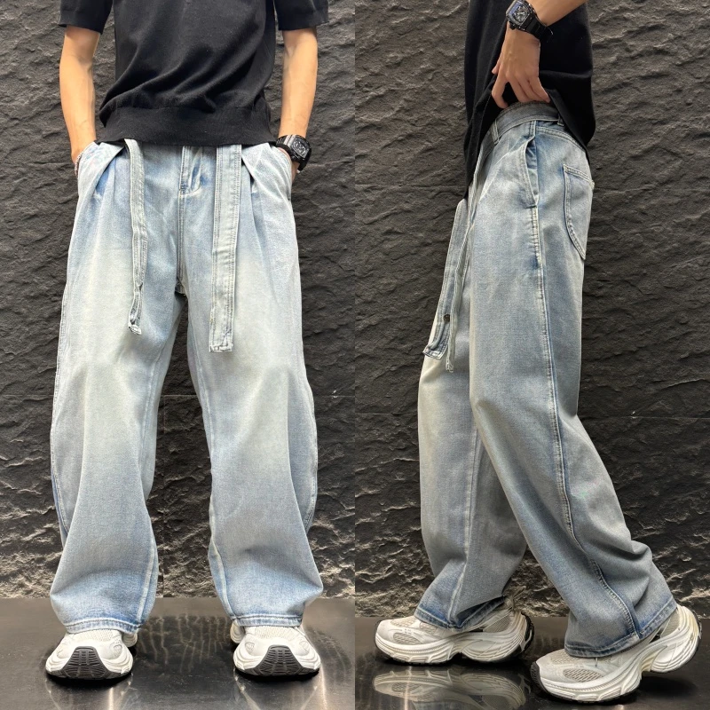 抽绳腰头宽松阔腿破洞潮男休闲复古垂坠感长裤做旧大码竖纹牛仔裤