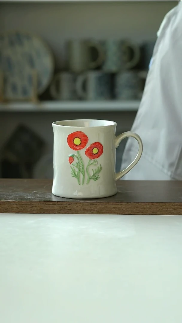 陶瓷微瑕红色虞美人260ml马克杯@4-2@