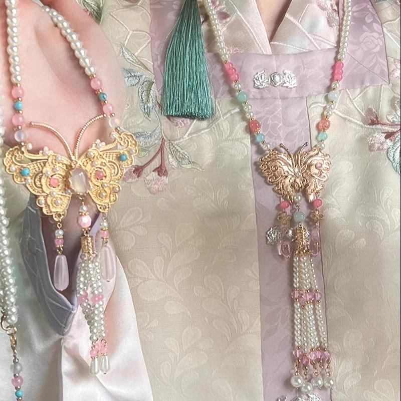 铜树脂项链 新中式粉色蝴蝶璎珞背云流苏项链汉服马面裙旗袍配饰