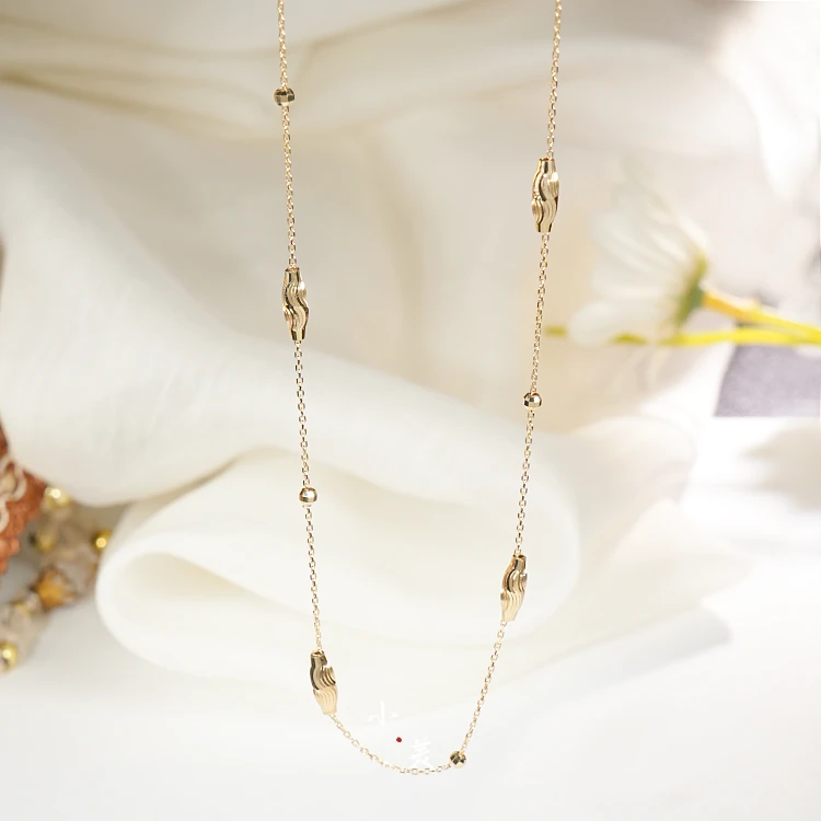 18K金车花猫眼金珠项链 G80014