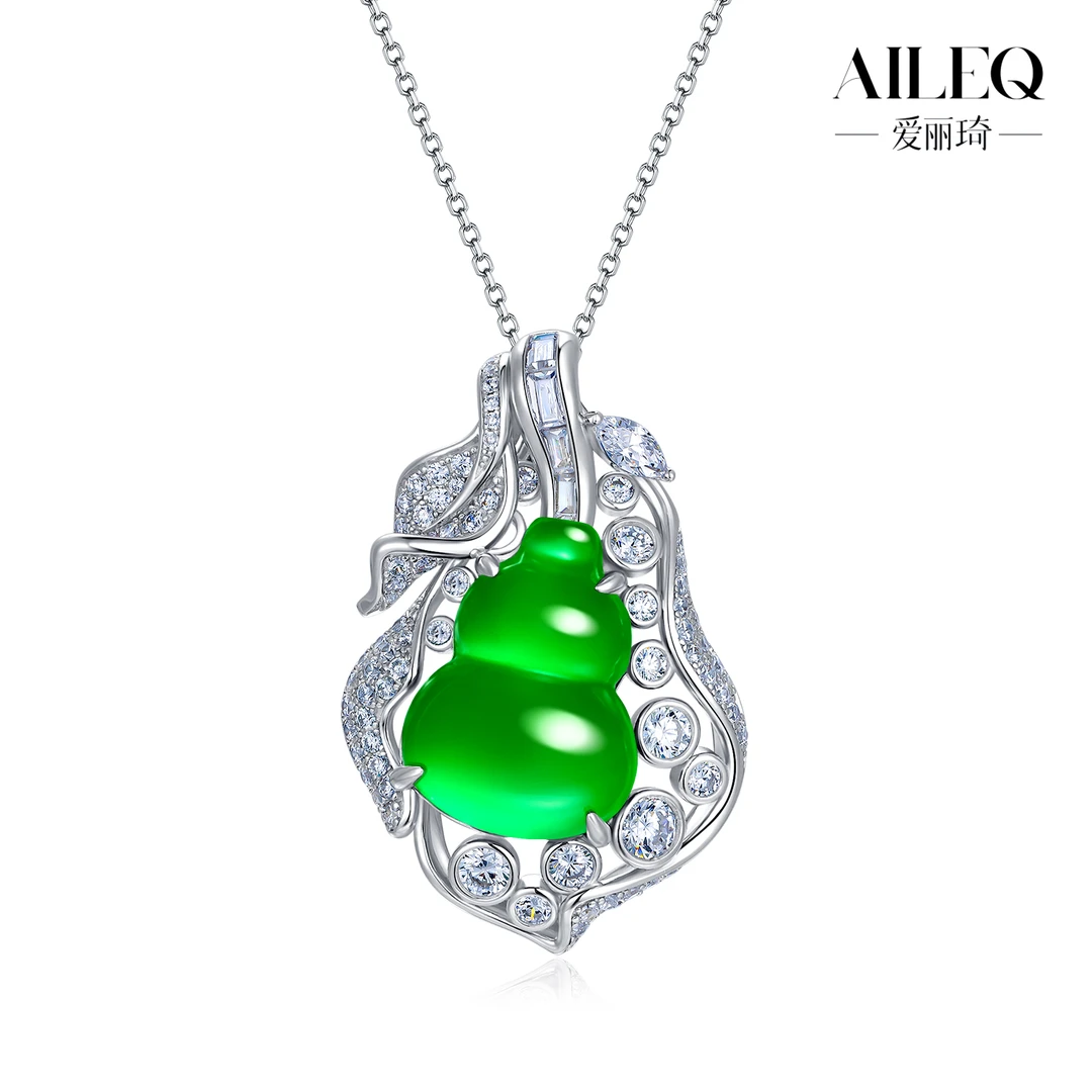 AILEQ925银镶天然玉髓新品满绿福禄芭蕉扇葫芦吊坠珠宝欧若风项链