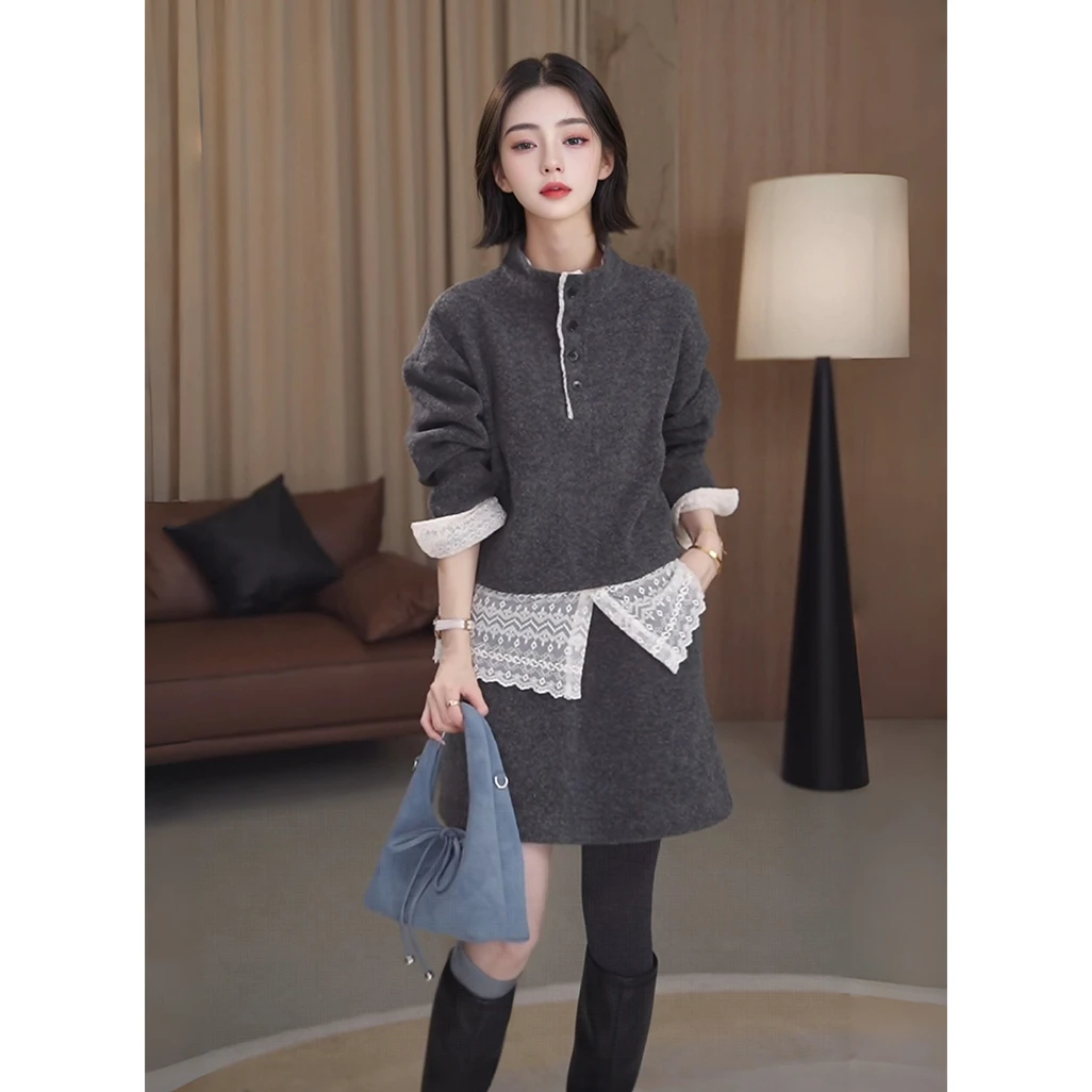 秋冬季新款宽松显瘦设计感蕾丝拼接下摆卫衣+半裙时尚套装两件套