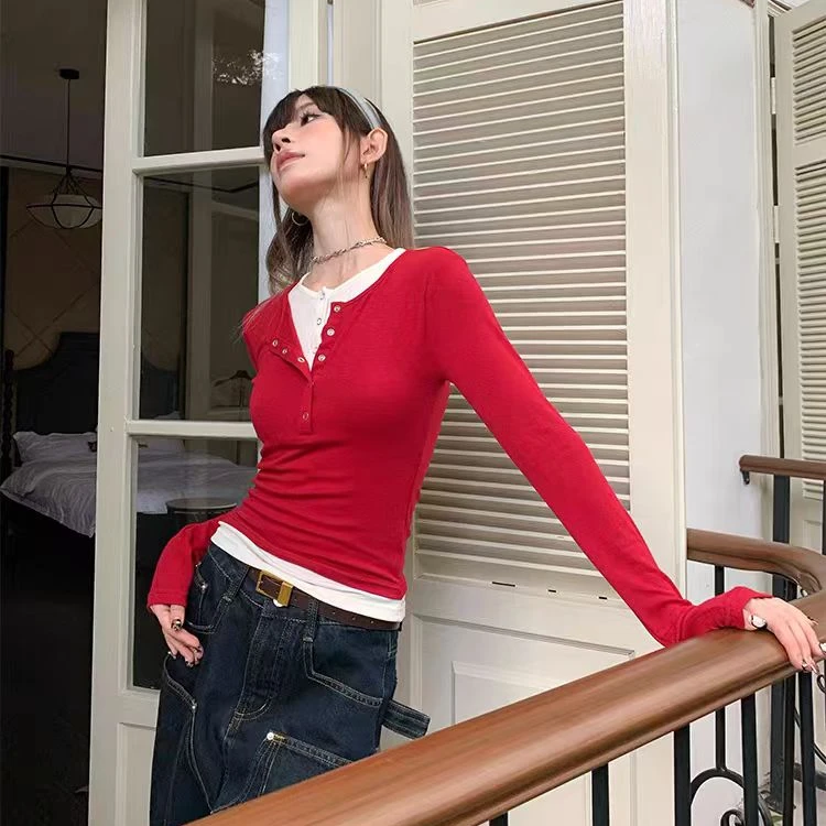 歌幂超闪灰色假两件长袖t恤女早秋新款正肩修身内搭打底衫JM576