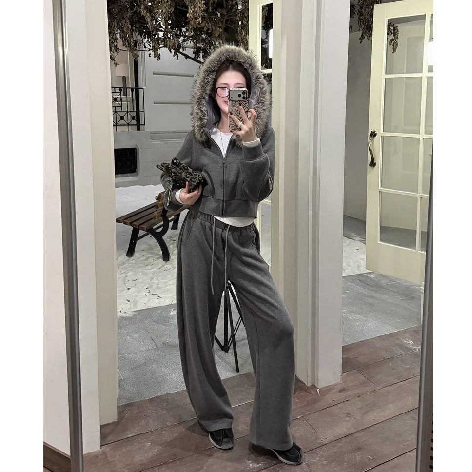 YPP!【温暖壁炉】毛领连帽卫衣外套搭显瘦休闲长裤套装 分开拍
